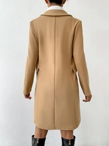 SHEIN 女款雙排扣翻領羊毛大衣，秋冬女裝，適合嬌小女性 - 駝色 - 查看 3
