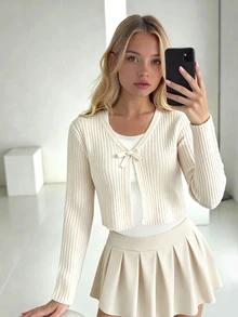 SHEIN Teen Girl Solid Color Casual Versatile Daily Wear Cardigan Autumn Winter - Beige - View 1