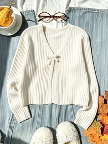 SHEIN Teen Girl Solid Color Casual Versatile Daily Wear Cardigan Autumn Winter - Beige - View 5