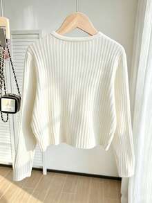 SHEIN Teen Girl Solid Color Casual Versatile Daily Wear Cardigan Autumn Winter - Beige - View 2