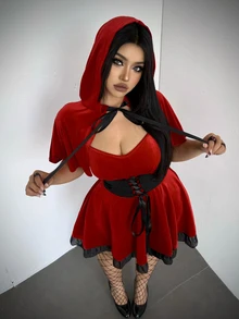 Whyspr Plus Size Women's Hooded Cape And Waist Tie Dress 2 Pieces Set - Multicolor - View 7