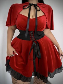 Whyspr Plus Size Women's Hooded Cape And Waist Tie Dress 2 Pieces Set - Multicolor - View 5