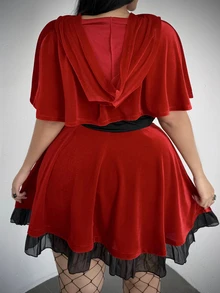 Whyspr Plus Size Women's Hooded Cape And Waist Tie Dress 2 Pieces Set - Multicolor - View 2