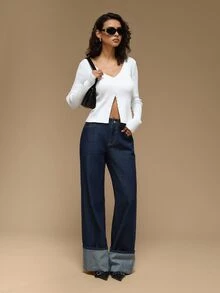 SHEIN Tall 女款純色牛仔褲 都市復興街頭風 休閒時尚創意個性街頭穿搭 - 藍色 - 查看 5