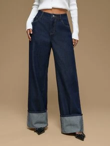 SHEIN Tall 女款純色牛仔褲 都市復興街頭風 休閒時尚創意個性街頭穿搭 - 藍色 - 查看 7