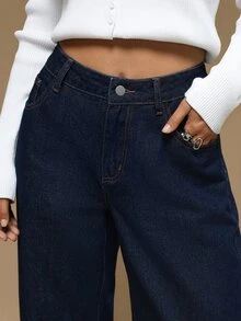 SHEIN Tall 女款純色牛仔褲 都市復興街頭風 休閒時尚創意個性街頭穿搭 - 藍色 - 查看 3