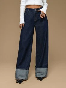 SHEIN Tall 女款純色牛仔褲 都市復興街頭風 休閒時尚創意個性街頭穿搭 - 藍色 - 查看 6