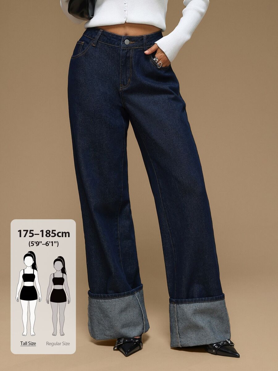 SHEIN Tall 女款純色牛仔褲 都市復興街頭風 休閒時尚創意個性街頭穿搭 - 藍色 - 查看 1