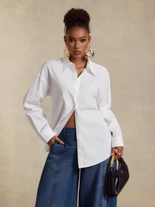 BamGlimmer Minimalist Commute Solid Color Basic Loose Drop Shoulder Oversize White Shirt Women Top - White - View 4