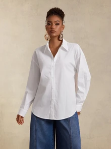 BamGlimmer Minimalist Commute Solid Color Basic Loose Drop Shoulder Oversize White Shirt Women Top - White - View 7