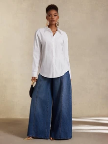 BamGlimmer Minimalist Commute Solid Color Basic Loose Drop Shoulder Oversize White Shirt Women Top - White - View 6
