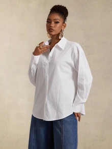 BamGlimmer Minimalist Commute Solid Color Basic Loose Drop Shoulder Oversize White Shirt Women Top - White - View 8