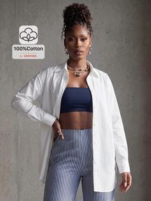 BamGlimmer Minimalist Commute Solid Color Basic Loose Drop Shoulder Oversize White Shirt Women Top - White - View 2