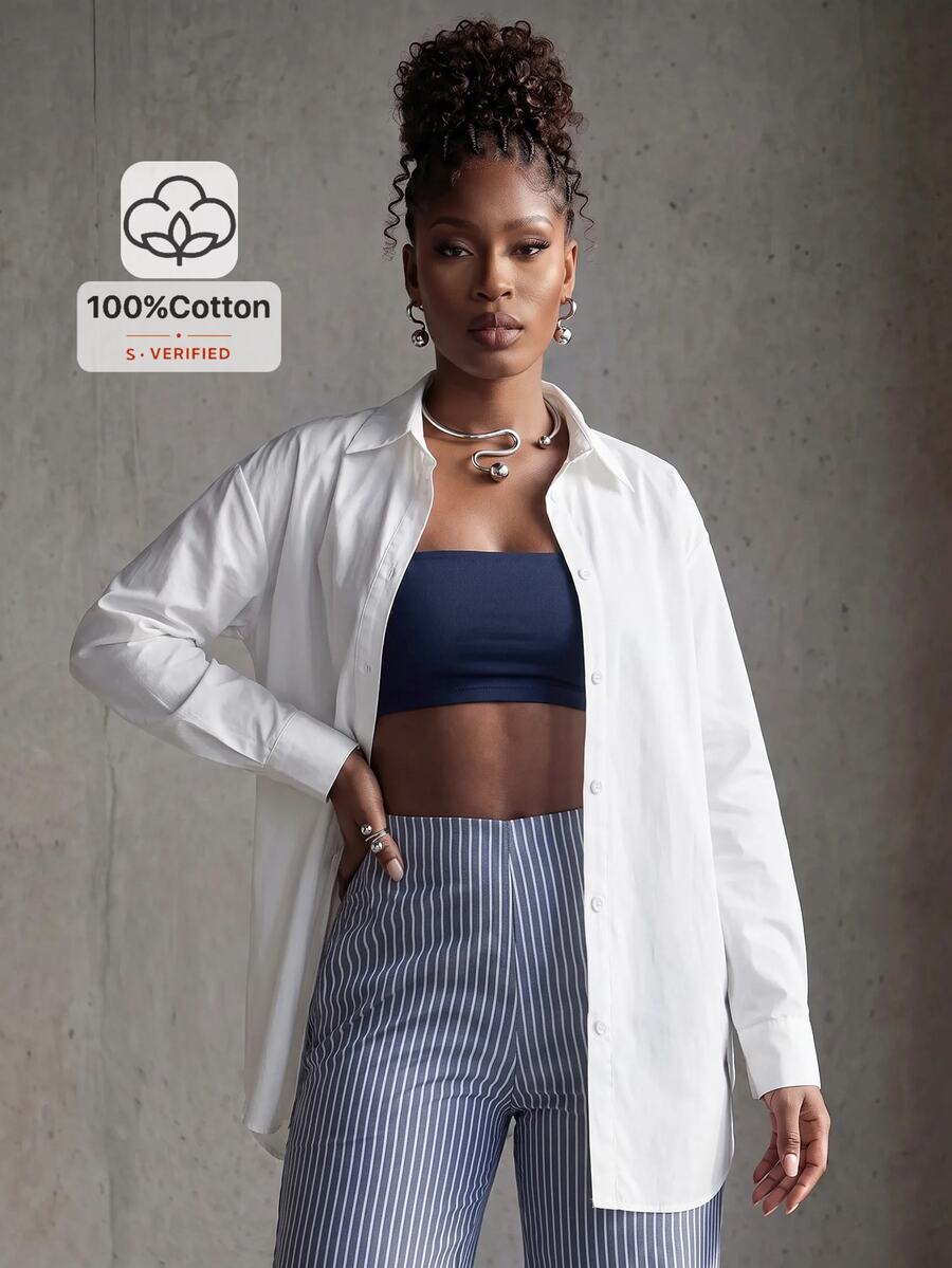 BamGlimmer Minimalist Commute Solid Color Basic Loose Drop Shoulder Oversize White Shirt Women Top