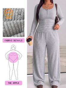 Solflare Women's 2 Pieces Set: Round Neck Half-Button Long Sleeve Ruched High Elastic Loose T-Shirt Top + Elastic Waist Loose Casual High Elastic Long Pants, Ribbed Grey Elegant Casual Outdoor Commute Plus Size - Light Grey - View 3