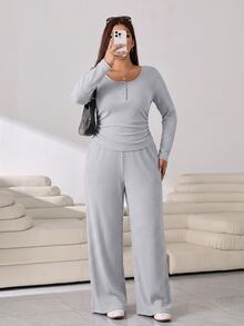Solflare Women's 2 Pieces Set: Round Neck Half-Button Long Sleeve Ruched High Elastic Loose T-Shirt Top + Elastic Waist Loose Casual High Elastic Long Pants, Ribbed Grey Elegant Casual Outdoor Commute Plus Size - Light Grey - View 7