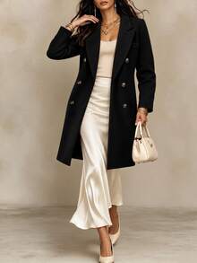SHEIN 女款雙排扣純色大衣 秋冬外套，適合小個子女性 - 黑色 - 查看 1