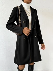 SHEIN 女款雙排扣純色大衣 秋冬外套，適合小個子女性 - 黑色 - 查看 6