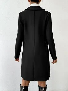 SHEIN 女款雙排扣純色大衣 秋冬外套，適合小個子女性 - 黑色 - 查看 2