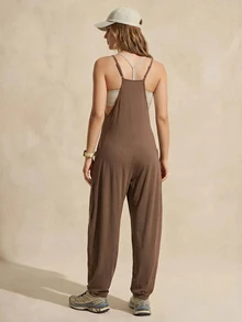 SHEIN Sports Women's Solid Color Spaghetti Strap Summer Sleeveless Outdoor Sports Jumpsuit - Coffee Brown - View 3