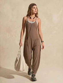 SHEIN Sports Women's Solid Color Spaghetti Strap Summer Sleeveless Outdoor Sports Jumpsuit - Coffee Brown - View 5