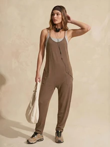 SHEIN Sports Women's Solid Color Spaghetti Strap Summer Sleeveless Outdoor Sports Jumpsuit - Coffee Brown - View 6