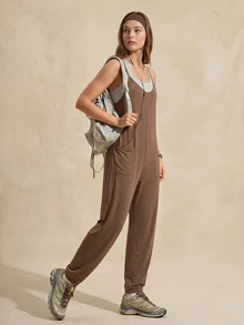 SHEIN Sports Women's Solid Color Spaghetti Strap Summer Sleeveless Outdoor Sports Jumpsuit - Coffee Brown - View 2
