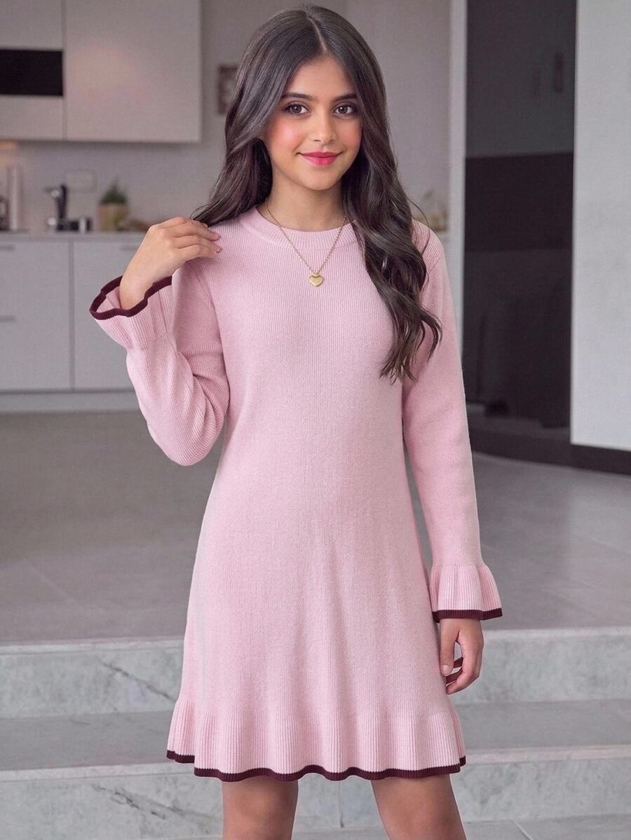 Tween Girl Color Block Round Neck Casual Everyday Knit Dress Autumn Winter - Baby Pink - View 1