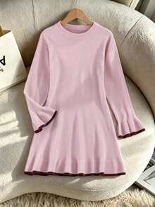Tween Girl Color Block Round Neck Casual Everyday Knit Dress Autumn Winter - Baby Pink - View 3