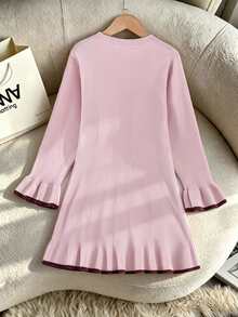 Tween Girl Color Block Round Neck Casual Everyday Knit Dress Autumn Winter - Baby Pink - View 2