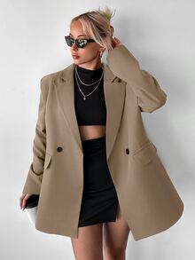 Ritzy Row Women's Casual Oversized Padded Shoulder Mid-Length Double-Breasted Blazer - Mocha Brown - View 4