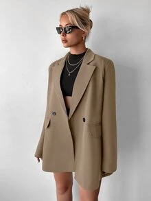 Ritzy Row Women's Casual Oversized Padded Shoulder Mid-Length Double-Breasted Blazer - Mocha Brown - View 6