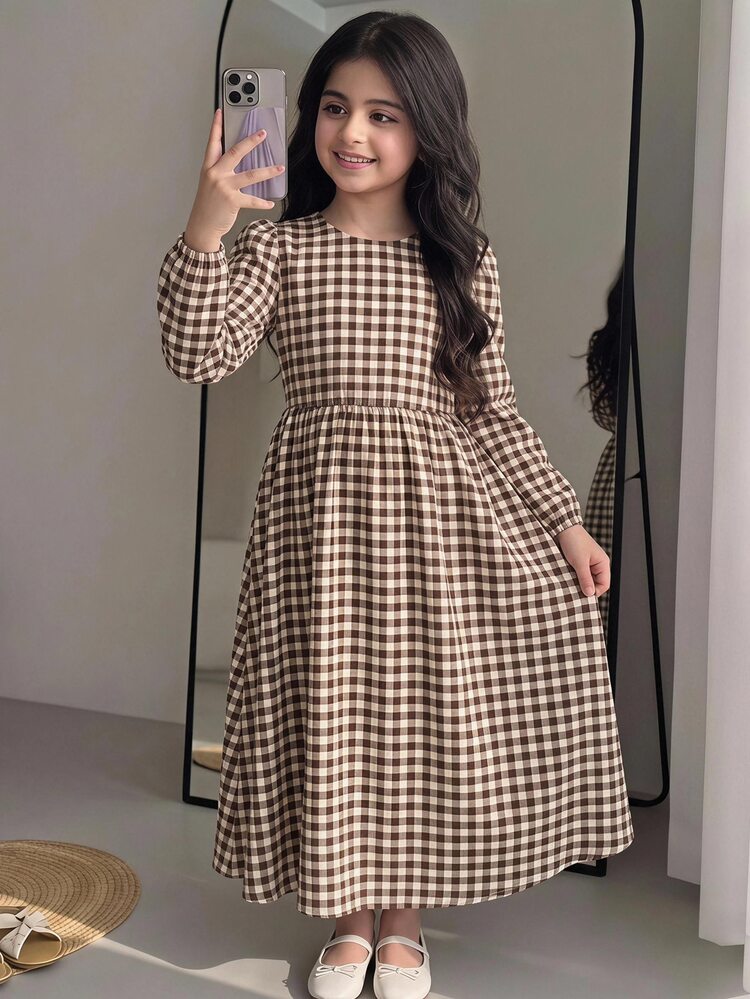 Kids Tween Girl Leopard Print Long Sleeve Casual Downtown Girl Elegant Dress Commute Stand Collar Lantern Sleeve A-Line Back To School Autumn Party - Khaki - View 12