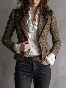 SHEIN Women's Autumn/Winter New Houndstooth Front Button Blazer Jacket, Velvet Trim, Elegant Commuter Slim Fit Suit - Brown - View 4