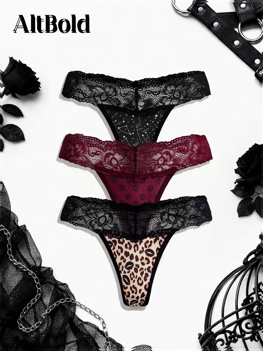 AltBold Sexy Lace Patchwork Thong 3-Piece Set - Multicolor - View 1