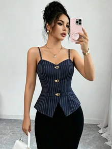 Elenzga 新款V領水滴鈕扣細肩帶背心，百搭通勤風辣妹女款背心上衣 - 藏蓝色 - 查看 7