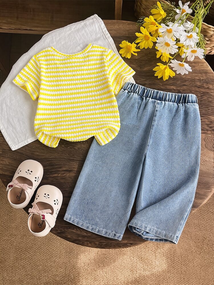 SHEIN Infant/Toddler (Girl) Yellow Knitted Jacquard Short Sleeve T-Shirt And Blue Long Pants Bow Set, Fashionable Casual Outfit For Young Girls - Yellow - View 2