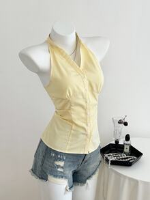 Elamini Women's Casual Striped Slim Fit Sleeveless Collared Shirt - Yellow - View 5