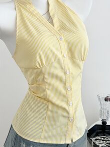 Elamini Women's Casual Striped Slim Fit Sleeveless Collared Shirt - Yellow - View 6