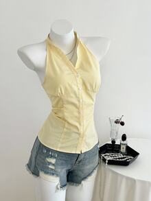 Elamini Women's Casual Striped Slim Fit Sleeveless Collared Shirt - Yellow - View 3