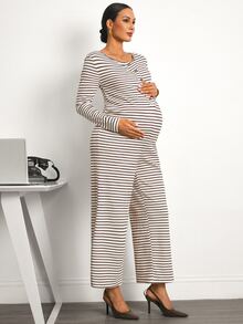 MaterniWear Jumpsuit Kasual Bergaris untuk Ibu Hamil di Musim Gugur - MultiWarna - View 4
