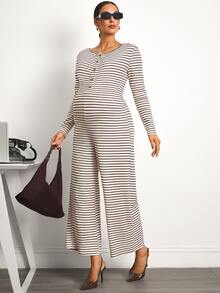 MaterniWear Jumpsuit Kasual Bergaris untuk Ibu Hamil di Musim Gugur - MultiWarna - View 5