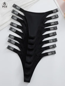 Wedaily 8pcs Multicolor Luxury Rhinestone Decorated Women's Comfortable Thong Panties - Black - View 3