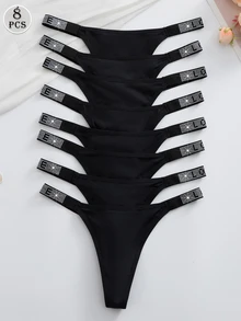 Wedaily 8pcs Multicolor Luxury Rhinestone Decorated Women's Comfortable Thong Panties - Black - View 2