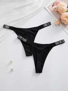 Wedaily 8pcs Multicolor Luxury Rhinestone Decorated Women's Comfortable Thong Panties - Black - View 5