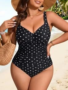 SHEIN Swim Curve 2026 大尺碼女款黑色印花拼接抓皺連身泳衣，海灘度假夏季假期穿搭，派對穿著，優雅 1920 年代性感風 - 黑與白 - 查看 3