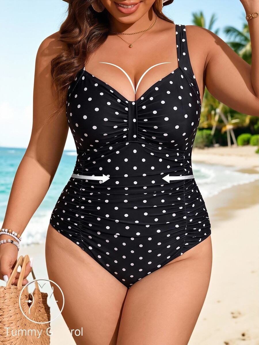 SHEIN Swim Curve 2026 大尺碼女款黑色印花拼接抓皺連身泳衣,海灘度假夏季假期穿搭,派對穿著,優雅 1920 年代性感風 - 黑與白 - 查看 1