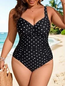 SHEIN Swim Curve 2026 大尺碼女款黑色印花拼接抓皺連身泳衣，海灘度假夏季假期穿搭，派對穿著，優雅 1920 年代性感風 - 黑與白 - 查看 5