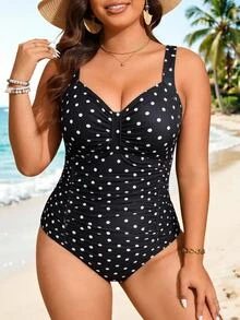 SHEIN Swim Curve 2026 大尺碼女款黑色印花拼接抓皺連身泳衣，海灘度假夏季假期穿搭，派對穿著，優雅 1920 年代性感風 - 黑與白 - 查看 4