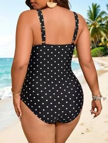 SHEIN Swim Curve 2026 大尺碼女款黑色印花拼接抓皺連身泳衣，海灘度假夏季假期穿搭，派對穿著，優雅 1920 年代性感風 - 黑與白 - 查看 2
